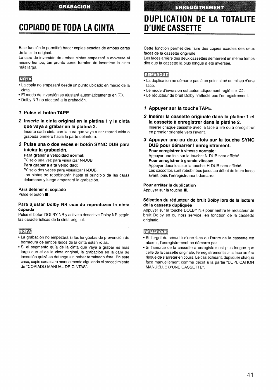 Copiado de toda la cinta, Duplication de la totalite d’une cassehe, 1 pulse el botón tape | Para detener el copiado, 1 appuyer sur la touche tape, Pour arrêter la duplication | Sony AIWA NSX-V50 User Manual | Page 41 / 72