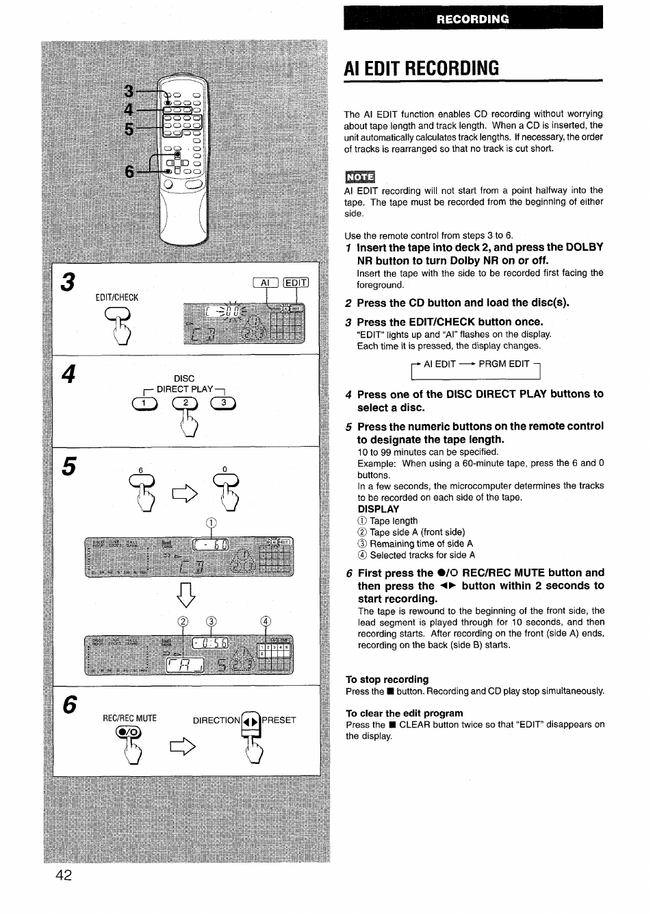 Al edit recording, To stop recording | Sony AIWA NSX-V50 User Manual | Page 42 / 72