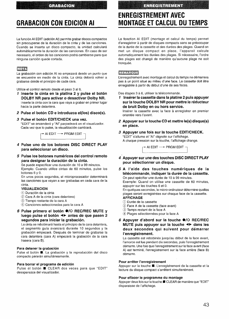 Grabacion con edicion al, Enregistrement avec montage et calcul du temps, Visualizacion | Para detener la grabación, Para borrar el programa de edición, Pour arrêter l’enregistrement, Pour effacer le programme du montage | Sony AIWA NSX-V50 User Manual | Page 43 / 72