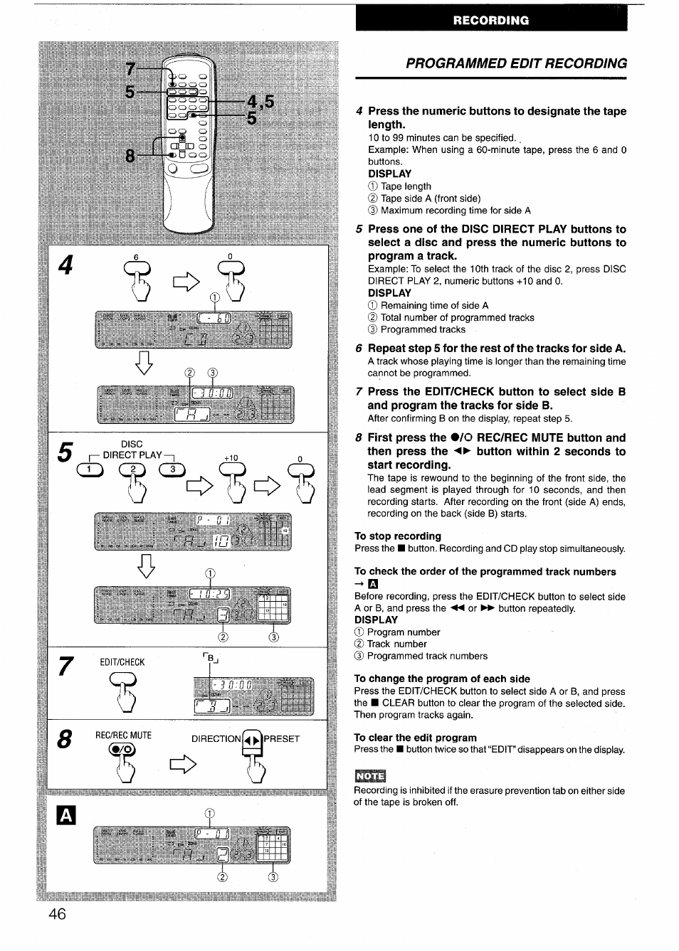 Display, To stop recording, To check the order of the programmed track numbers | To change the program of each side, To clear the edit program, 1 p f, 2^ cd, O t s o | Sony AIWA NSX-V50 User Manual | Page 46 / 72