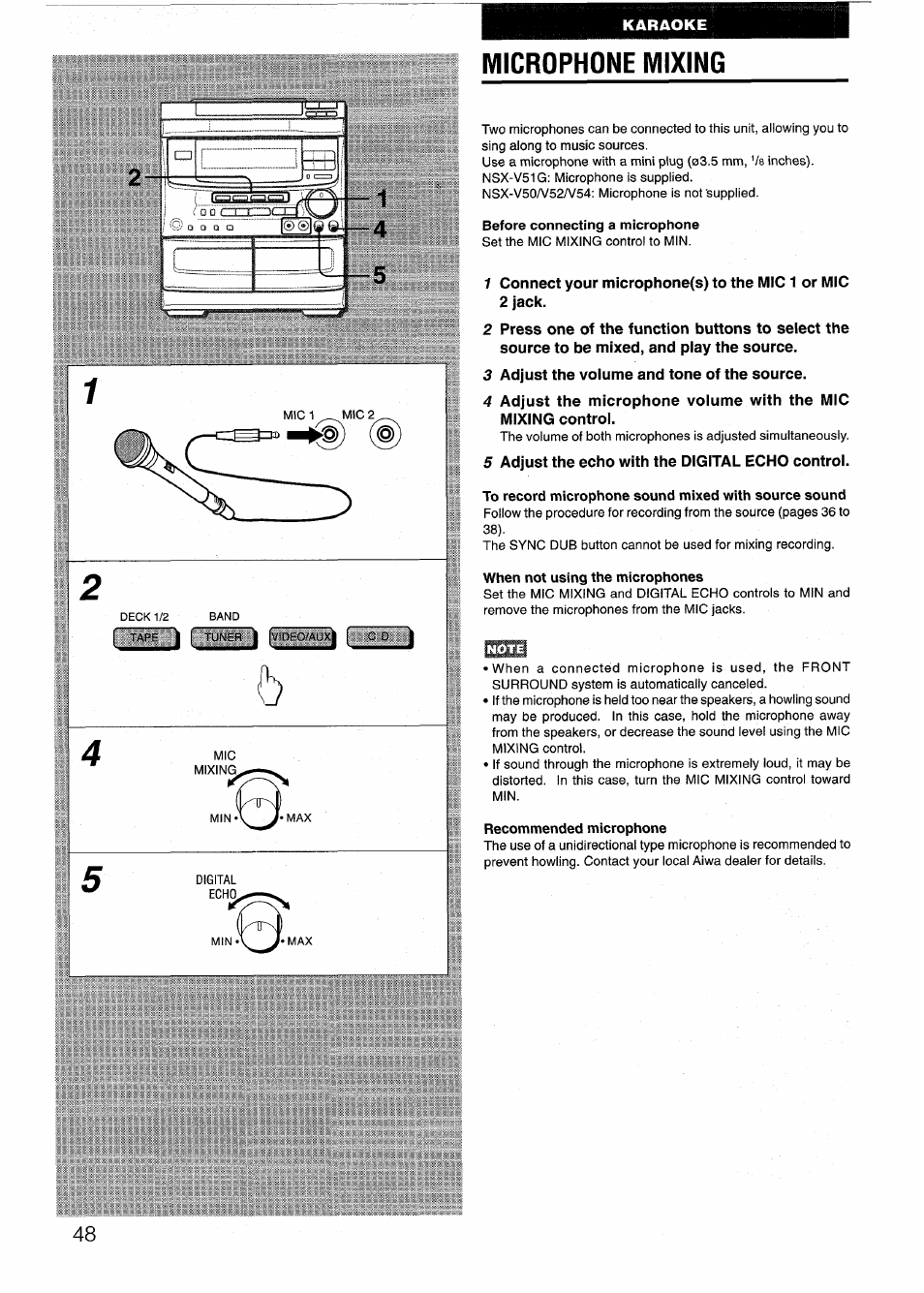 Microphone mixing, Before connecting a microphone, 3 adjust the volume and tone of the source | 5 adjust the echo with the digital echo control, To record microphone sound mixed with source sound, Recommended microphone | Sony AIWA NSX-V50 User Manual | Page 48 / 72