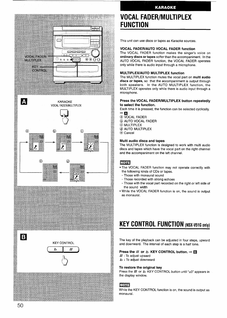 Vocal fader/multiplex function, Vocal fadefl/auto vocal fader function, Multiplex/auto multiplex function | Multi audio discs and tapes, Key control function (nsx-vsig only), Press the if or ib key control button. [0, To restore the original key, Key control function (nsx-v51g only), Jizd, Key control function | Sony AIWA NSX-V50 User Manual | Page 50 / 72