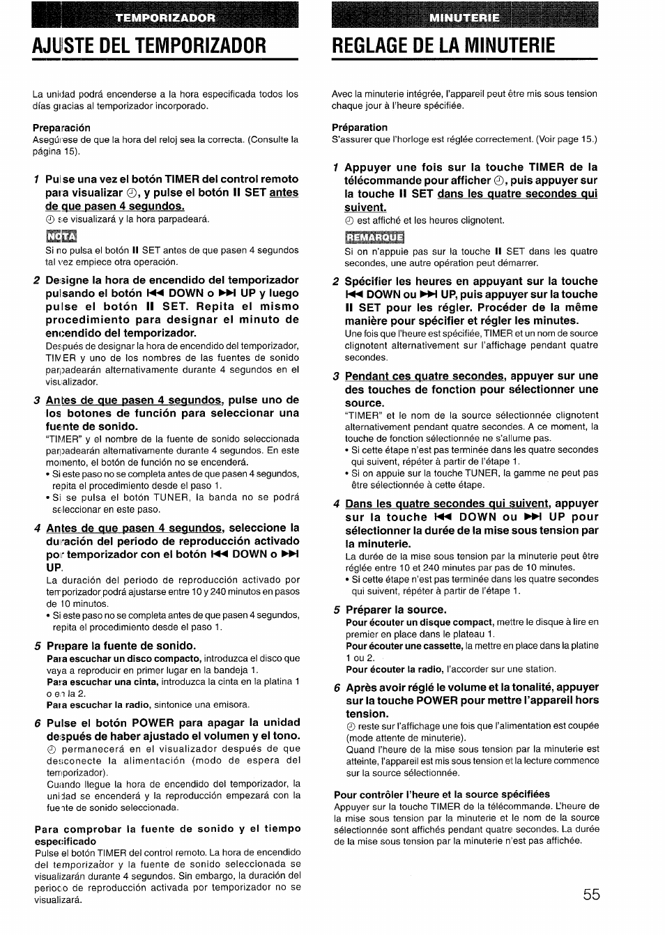 Ajuste del temporizador, Reglage de la minuterie, Preparación | Préparation, Pour contrôler l’heure et la source spécifiées, Ajuste del temporizador reglage de la minuterie | Sony AIWA NSX-V50 User Manual | Page 55 / 72