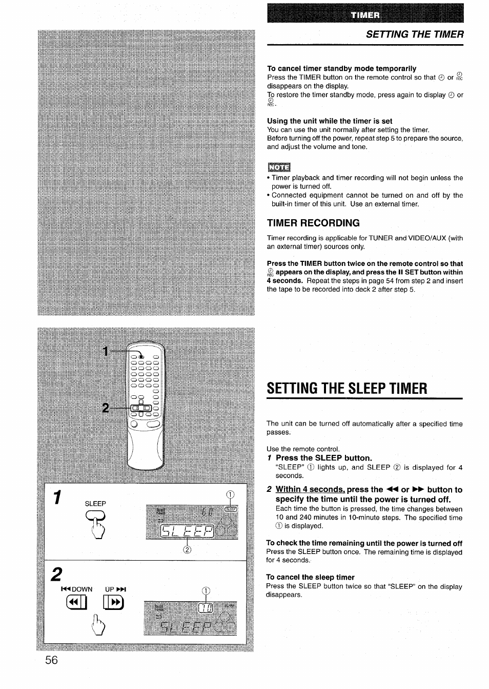 To cancel timer standby mode temporarily, Using the unit whiie the timer is set, Timer recording | Sening the sleep timer, 1 press the sleep button, To cancel the sleep timer, Setting the sleep timer, Setting the timer | Sony AIWA NSX-V50 User Manual | Page 56 / 72