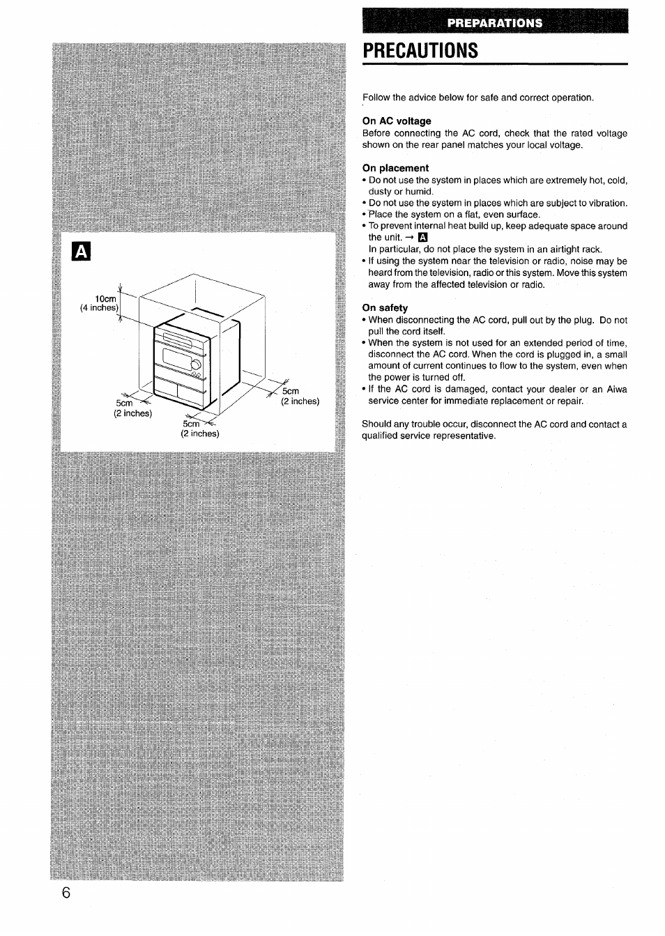 Precautions, On ac voltage, On placement | On safety | Sony AIWA NSX-V50 User Manual | Page 6 / 72