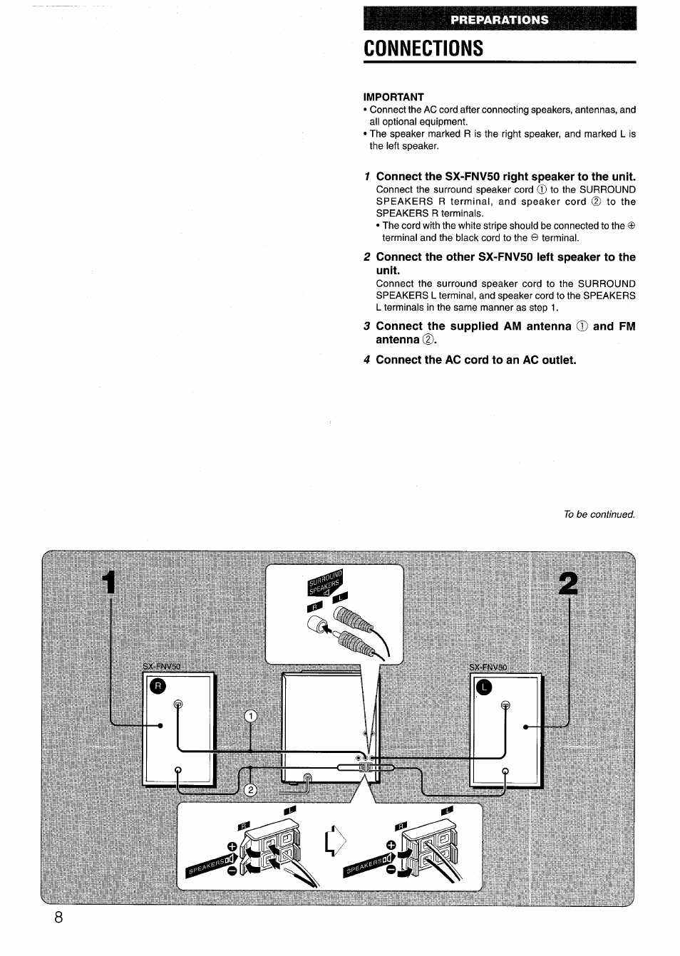 Connections, 1 connect the sx-fnv50 right speaker to the unit, 3 connect the supplied am antenna 0 and fm antenna | 4 connect the ac cord to an ac outlet | Sony AIWA NSX-V50 User Manual | Page 8 / 72