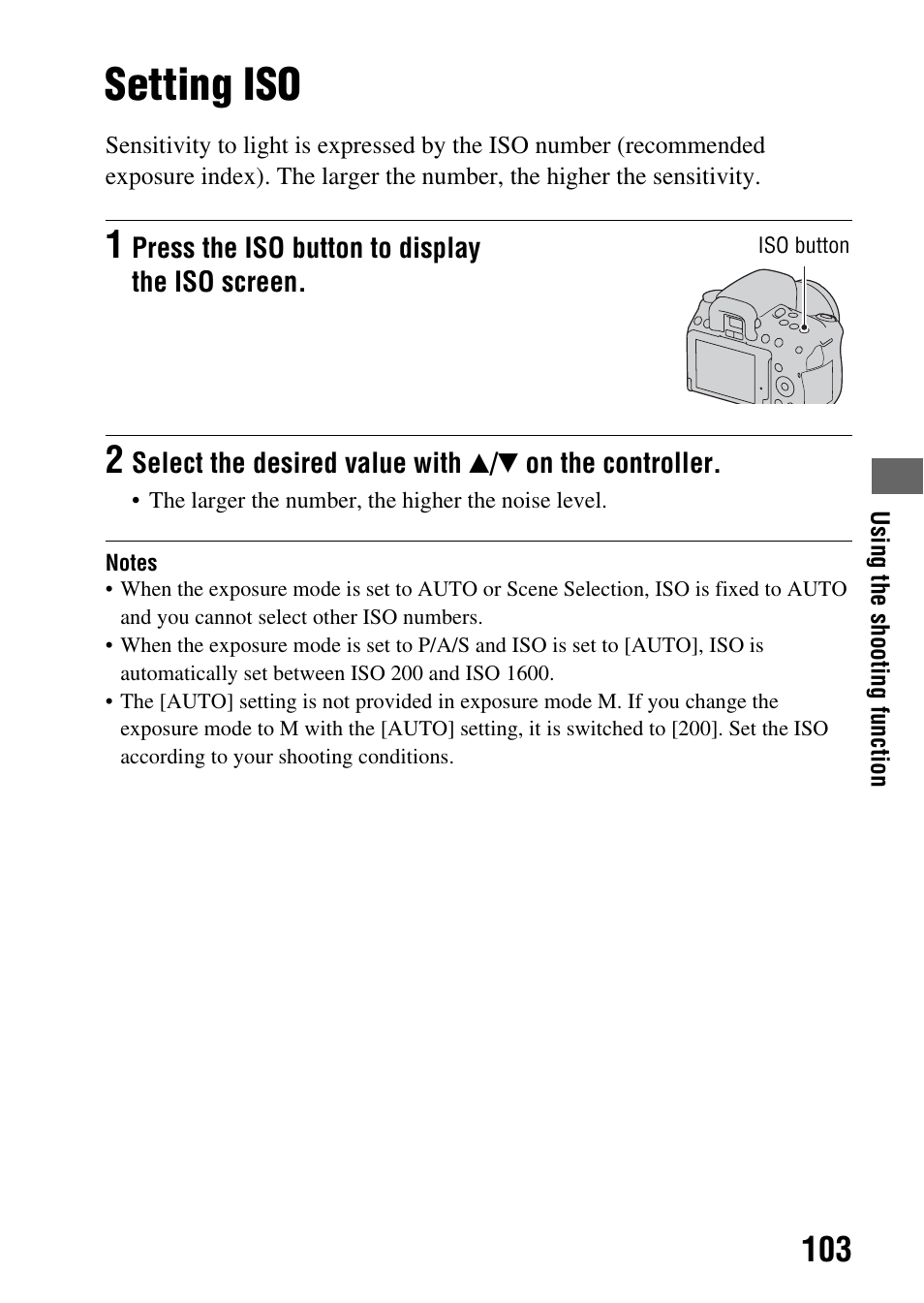 Setting iso, N (103), Iso sensitivity (103) | Sony alpha DSLR-A500 User Manual | Page 103 / 178