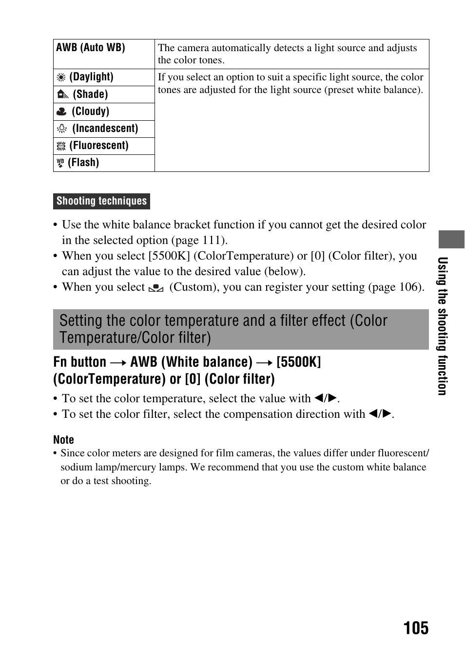 Temperature/color filter) | Sony alpha DSLR-A500 User Manual | Page 105 / 178