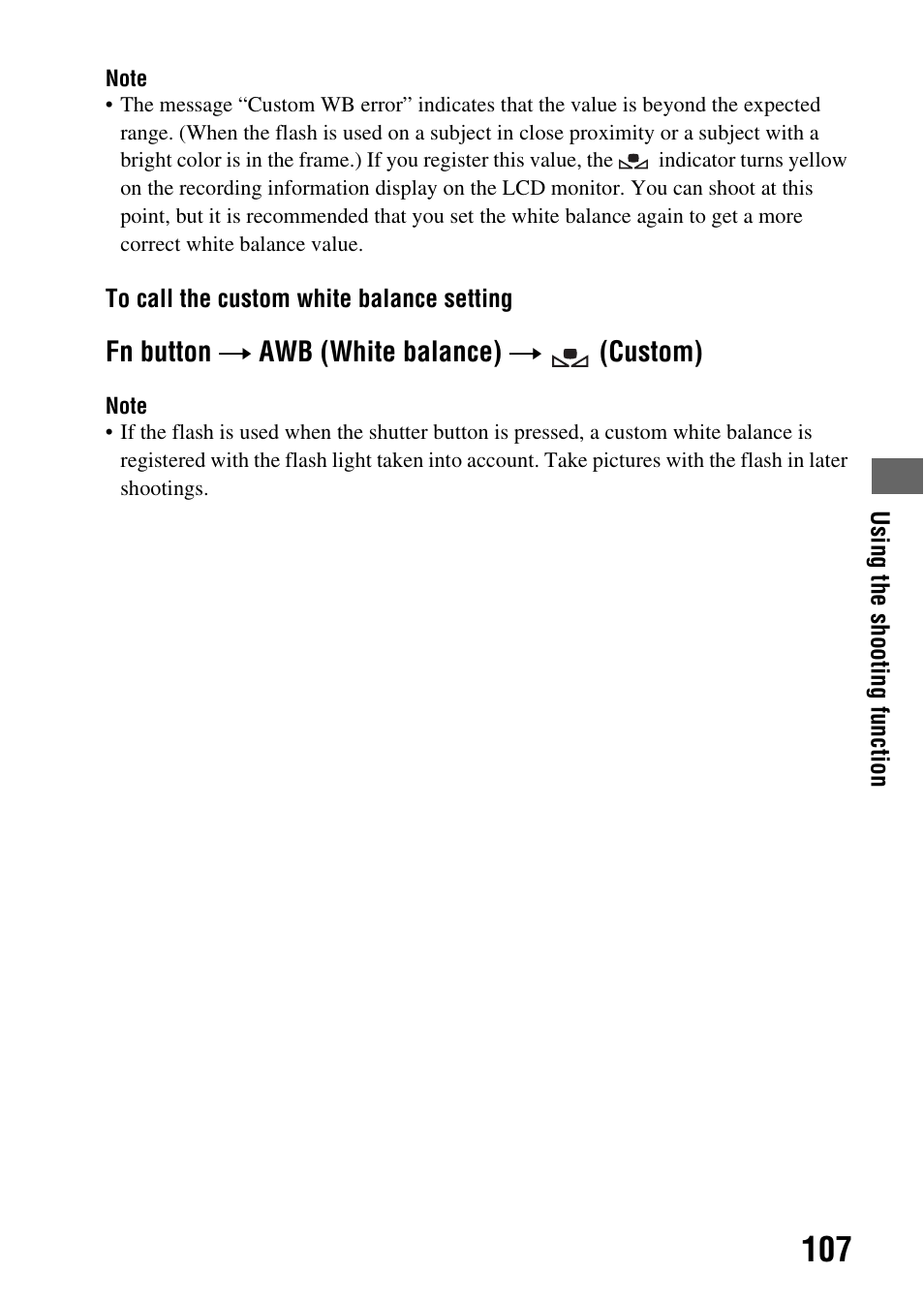 Fn button t awb (white balance) t (custom) | Sony alpha DSLR-A500 User Manual | Page 107 / 178