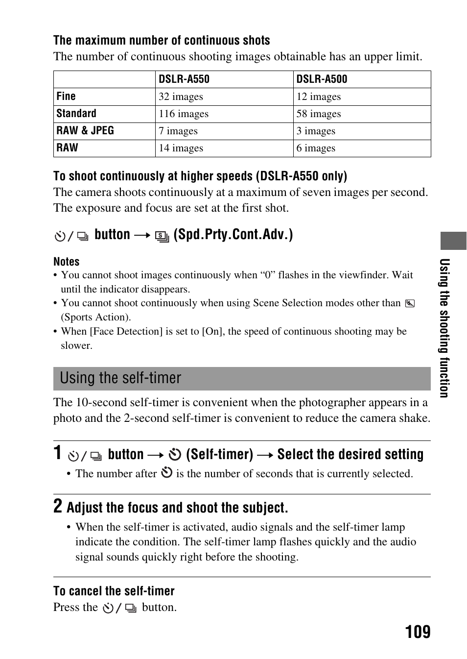 Using the self-timer, Mp (109), Button t (spd.prty.cont.adv.) | Button t (self-timer) t select the desired setting, Adjust the focus and shoot the subject | Sony alpha DSLR-A500 User Manual | Page 109 / 178