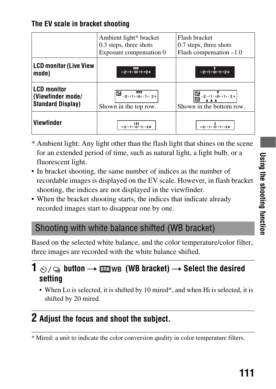 Shooting with white balance shifted (wb bracket) | Sony alpha DSLR-A500 User Manual | Page 111 / 178