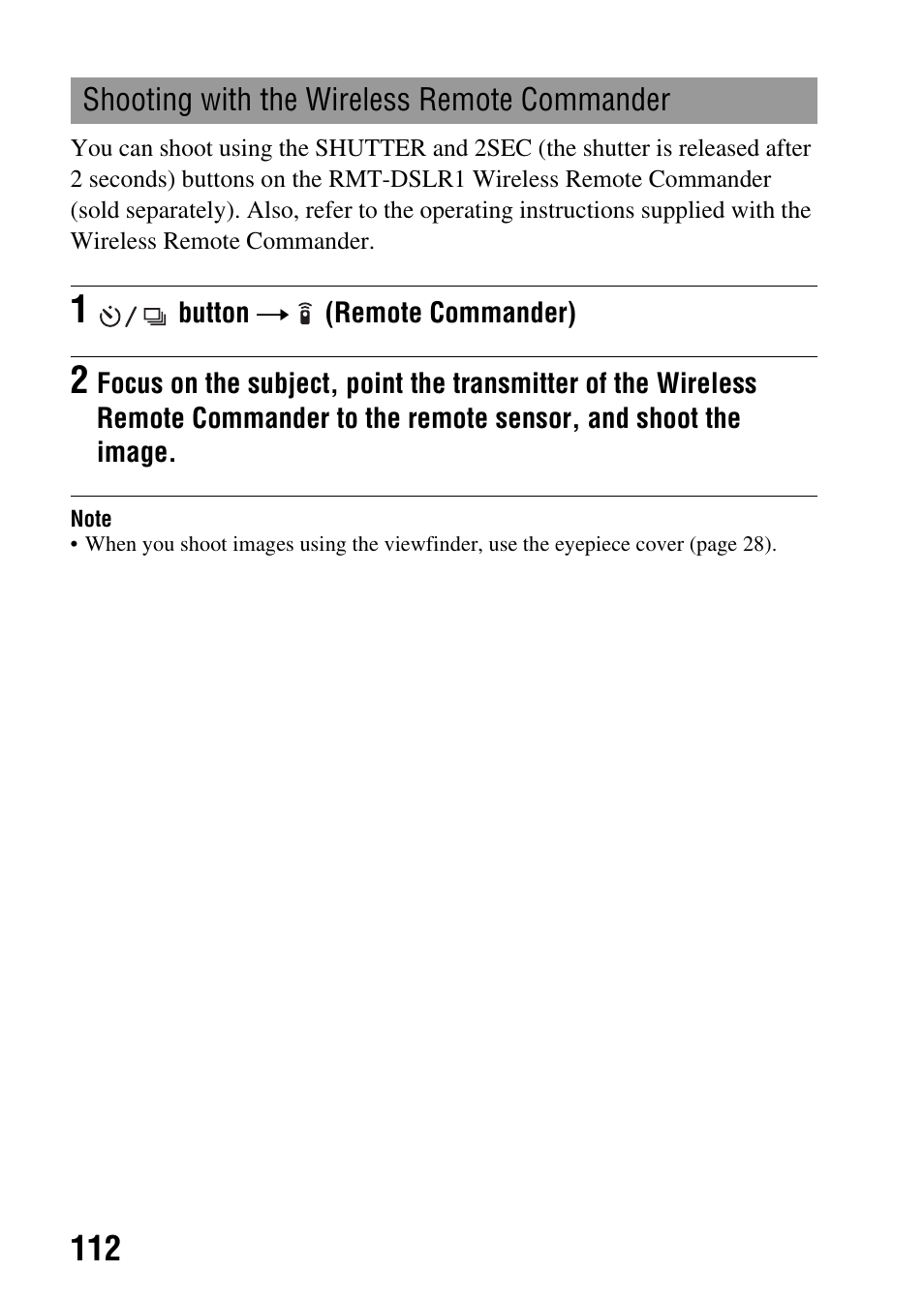 Shooting with the wireless remote commander | Sony alpha DSLR-A500 User Manual | Page 112 / 178