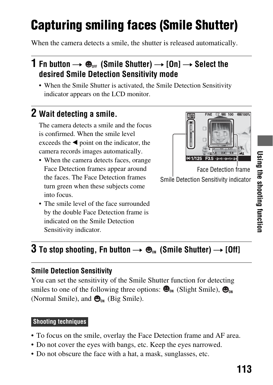 Capturing smiling faces (smile shutter), Ter (113), R (113) | Sony alpha DSLR-A500 User Manual | Page 113 / 178