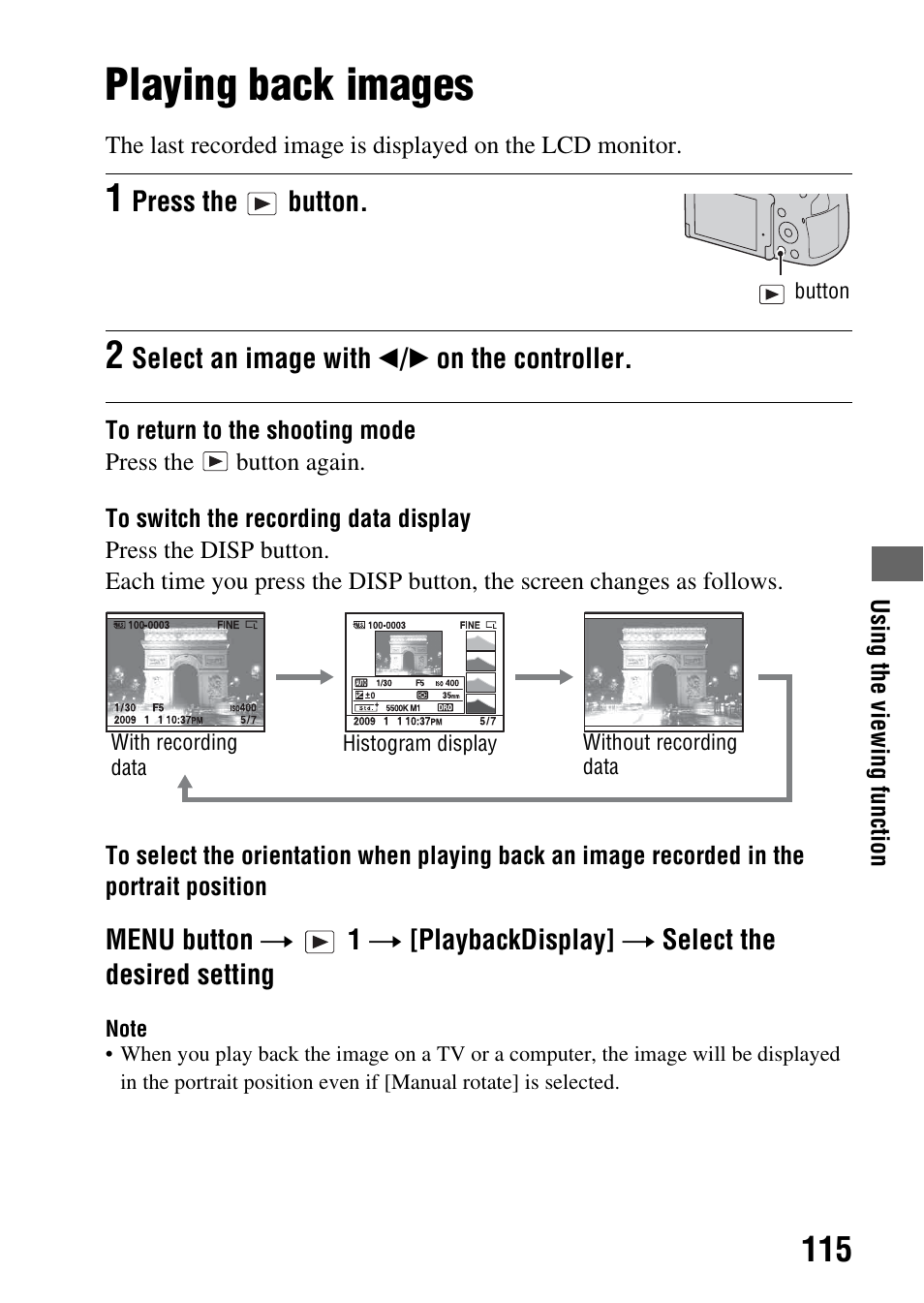 Using the viewing function, Playing back images, Tton (115) | Y (115) | Sony alpha DSLR-A500 User Manual | Page 115 / 178