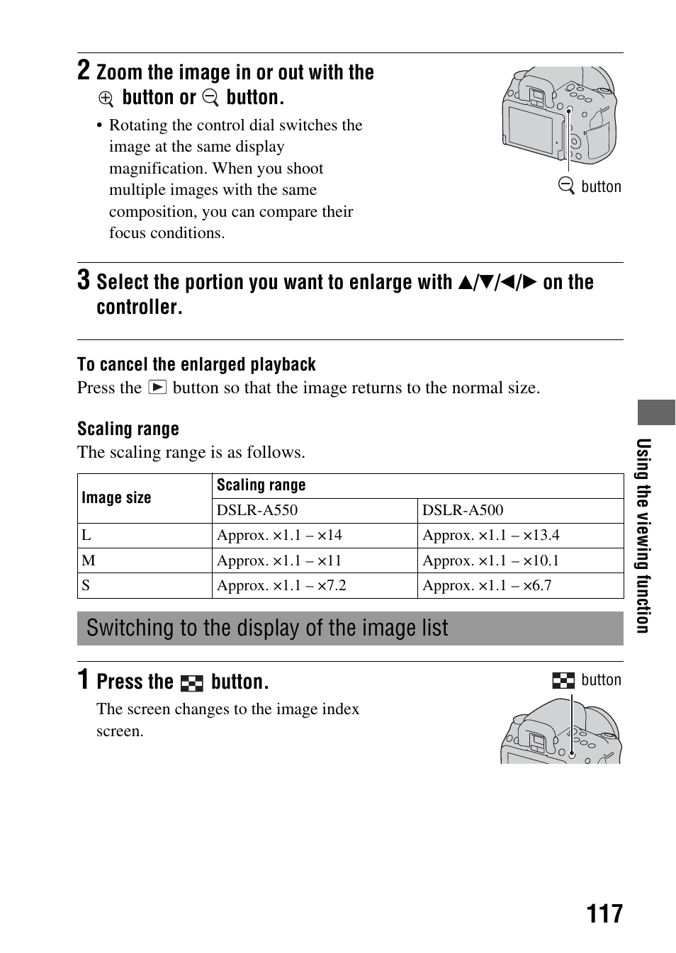 N (117), Switching to the display of the image list | Sony alpha DSLR-A500 User Manual | Page 117 / 178