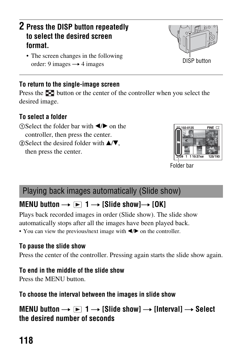 How (118), Playing back images automatically (slide show) | Sony alpha DSLR-A500 User Manual | Page 118 / 178