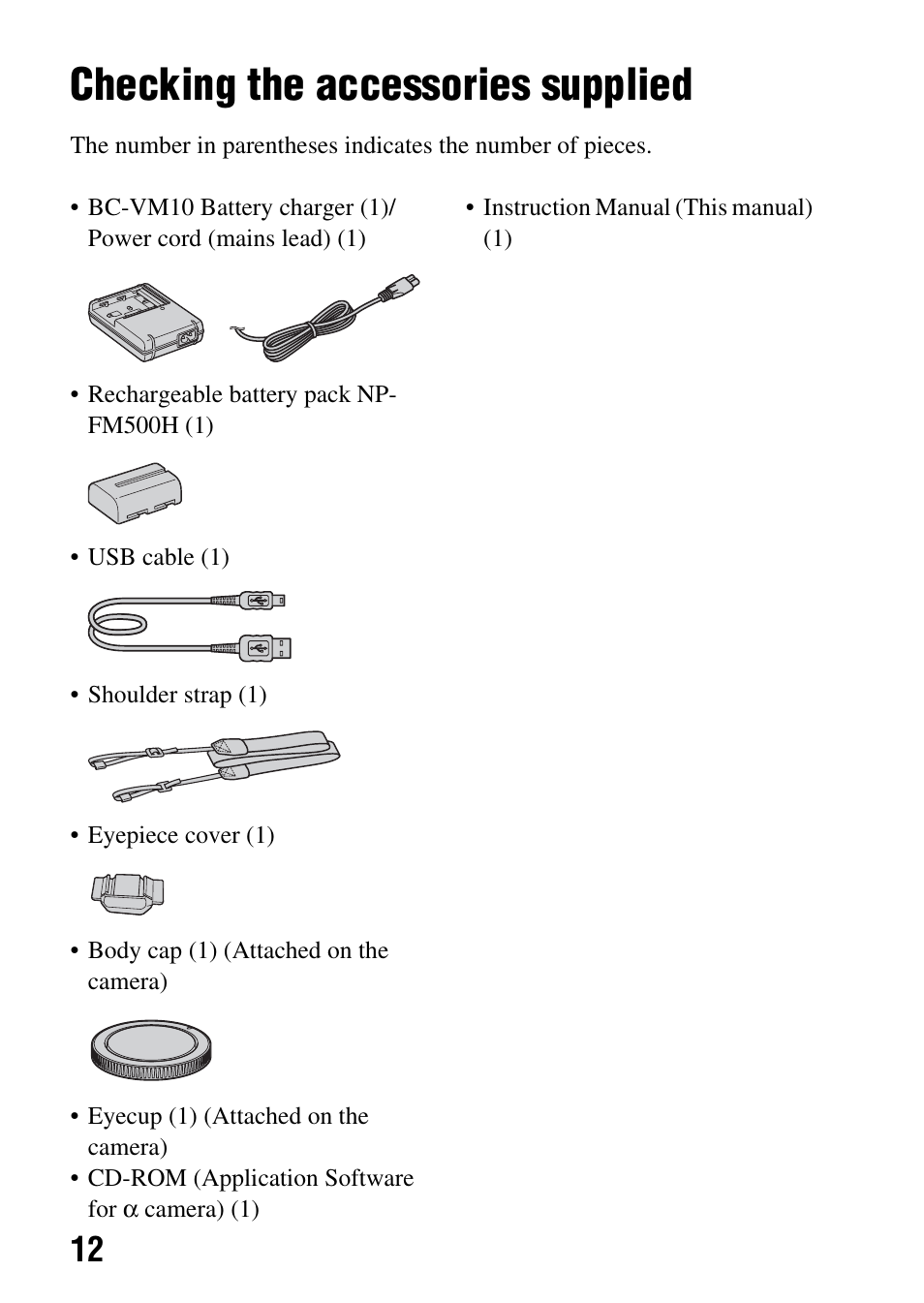 Preparing the camera, Checking the accessories supplied | Sony alpha DSLR-A500 User Manual | Page 12 / 178