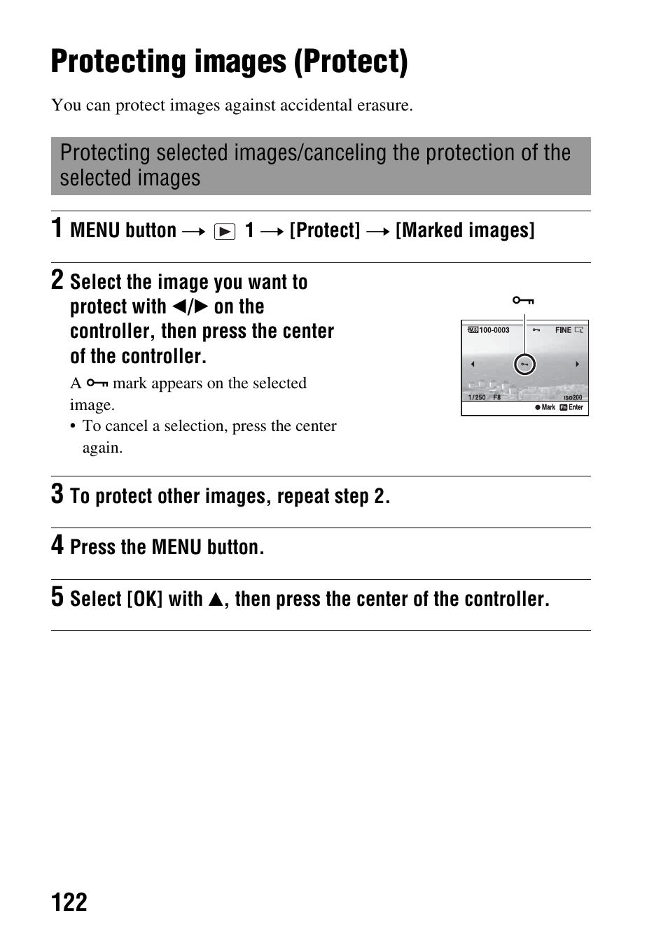 Protecting images (protect) | Sony alpha DSLR-A500 User Manual | Page 122 / 178