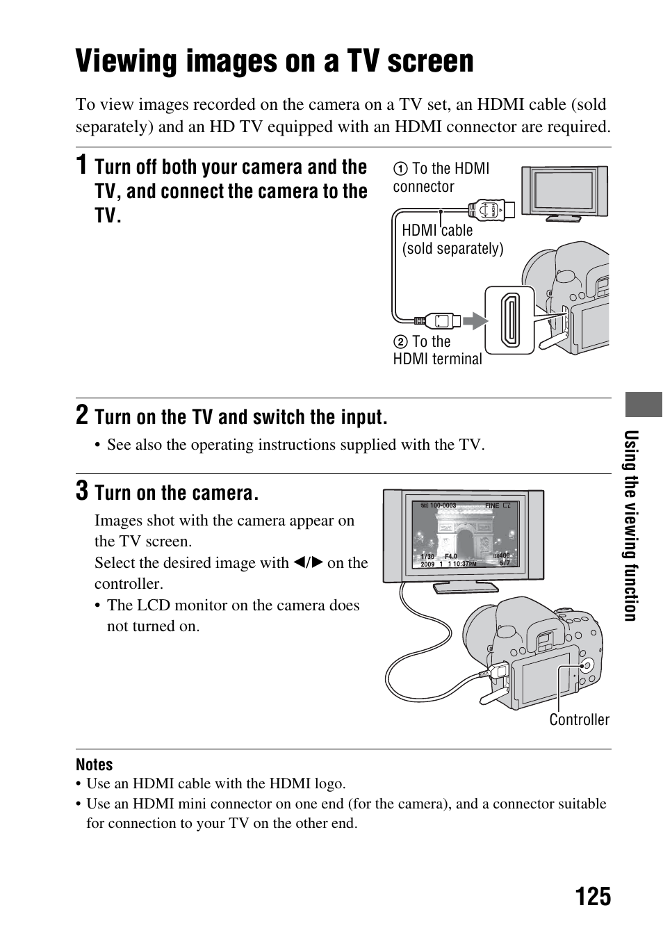 Viewing images on a tv screen | Sony alpha DSLR-A500 User Manual | Page 125 / 178