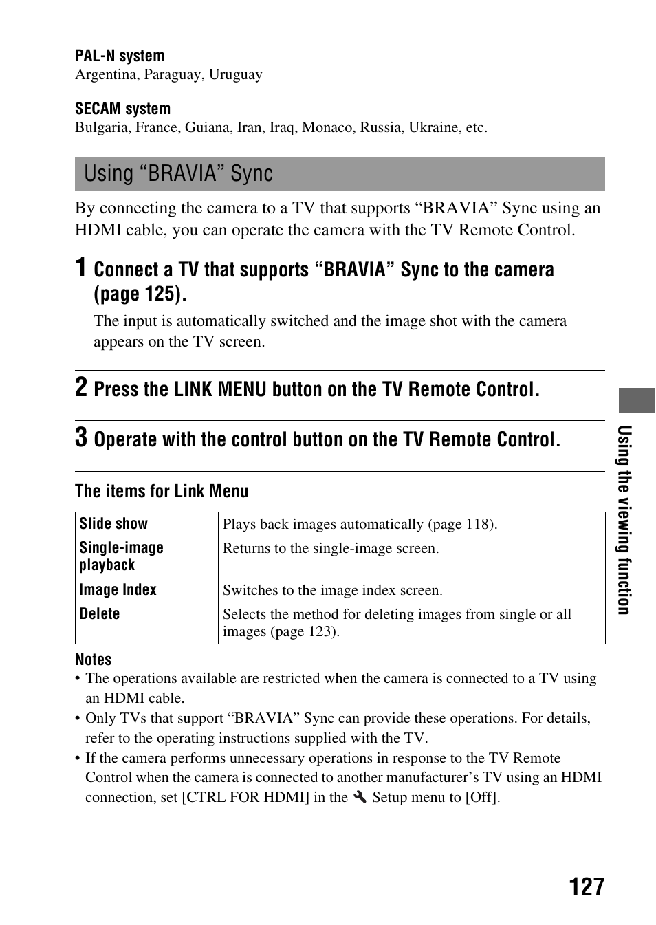 I (127), Using “bravia” sync | Sony alpha DSLR-A500 User Manual | Page 127 / 178