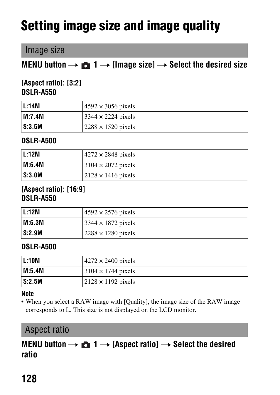 Changing your setup, Setting image size and image quality, Ze (128) | O (128), Image size, Aspect ratio | Sony alpha DSLR-A500 User Manual | Page 128 / 178