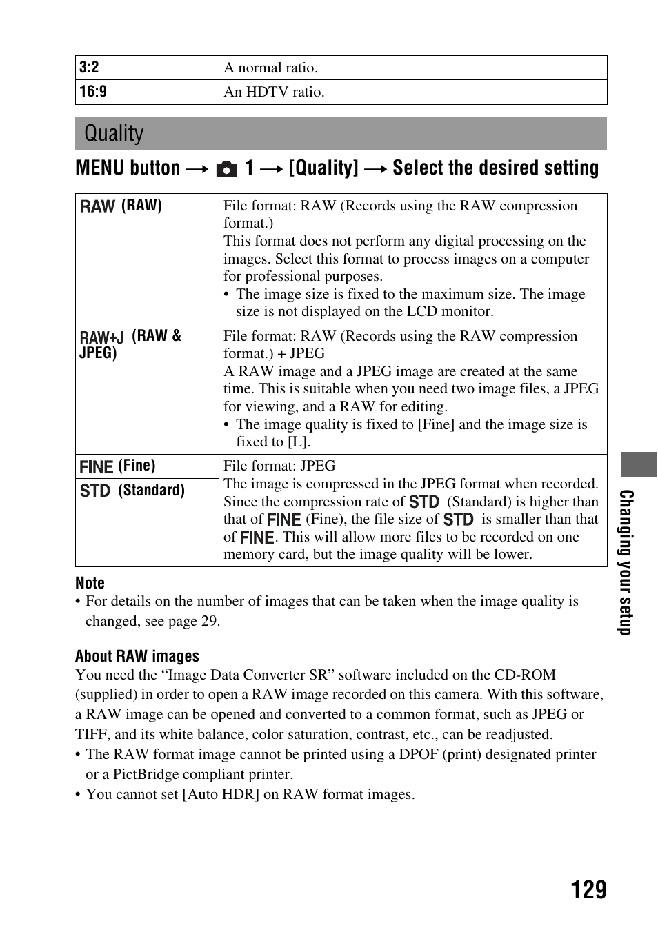 Y (129), Quality | Sony alpha DSLR-A500 User Manual | Page 129 / 178