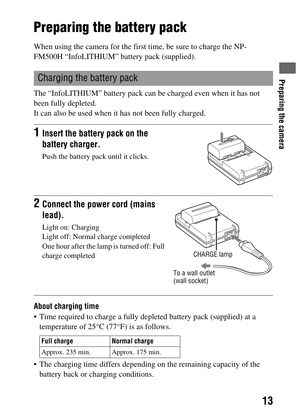 Preparing the battery pack, Charging the battery pack | Sony alpha DSLR-A500 User Manual | Page 13 / 178