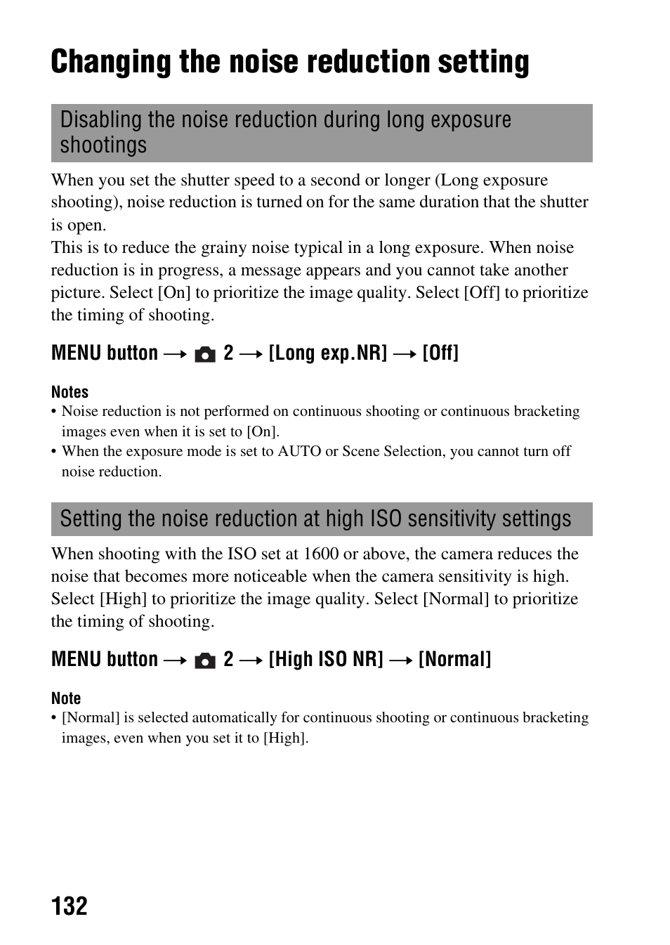 Changing the noise reduction setting | Sony alpha DSLR-A500 User Manual | Page 132 / 178