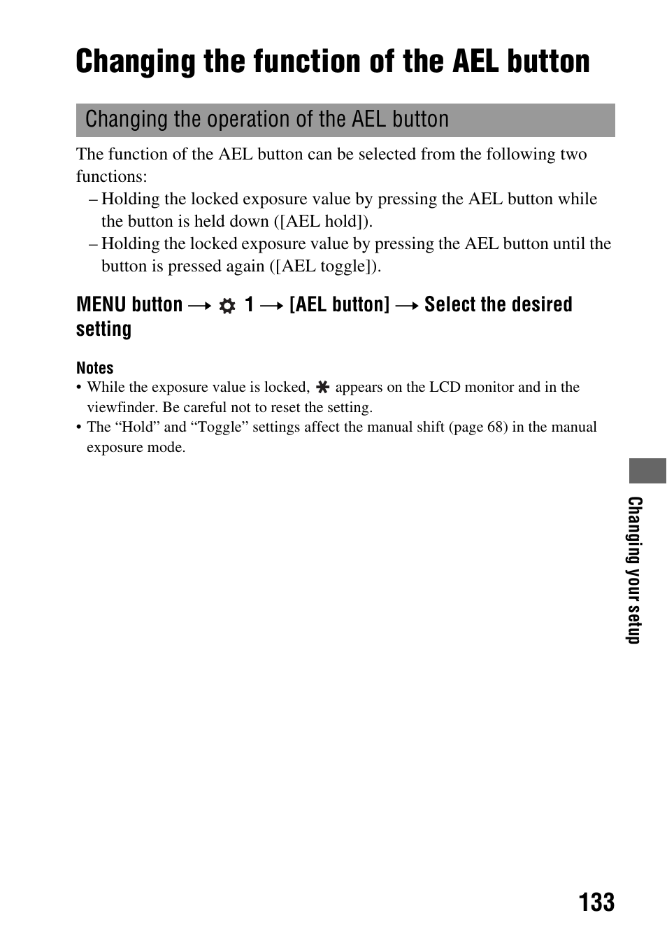 Changing the function of the ael button, Changing the operation of the ael button | Sony alpha DSLR-A500 User Manual | Page 133 / 178