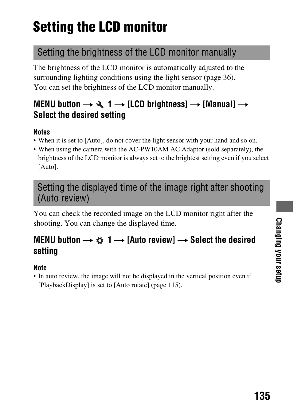 Setting the lcd monitor, Ew (135) | Sony alpha DSLR-A500 User Manual | Page 135 / 178