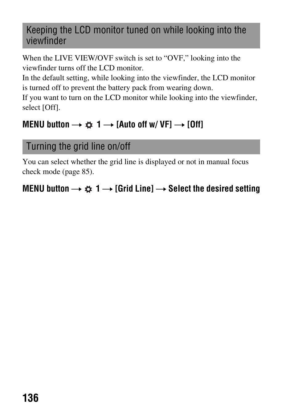 Off w/ vf (136), Ne (136) | Sony alpha DSLR-A500 User Manual | Page 136 / 178