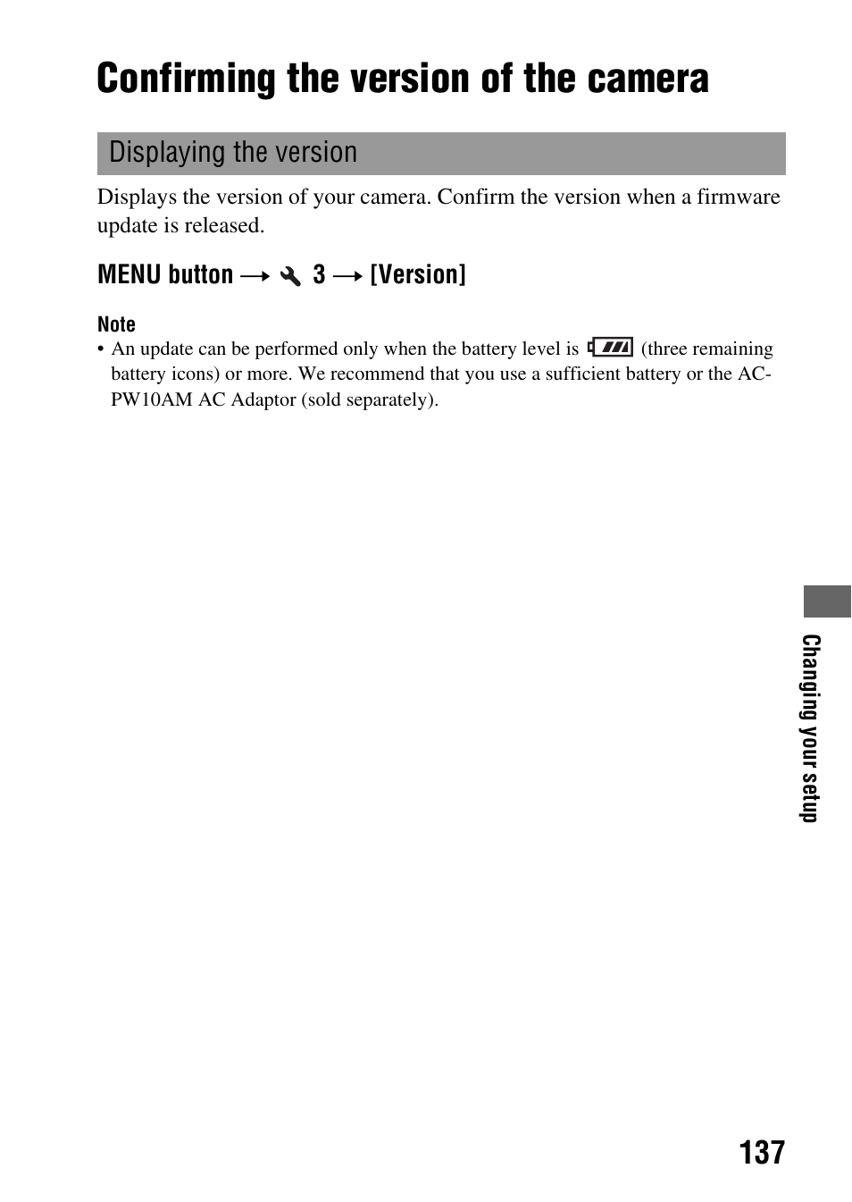 Confirming the version of the camera, Displaying the version | Sony alpha DSLR-A500 User Manual | Page 137 / 178