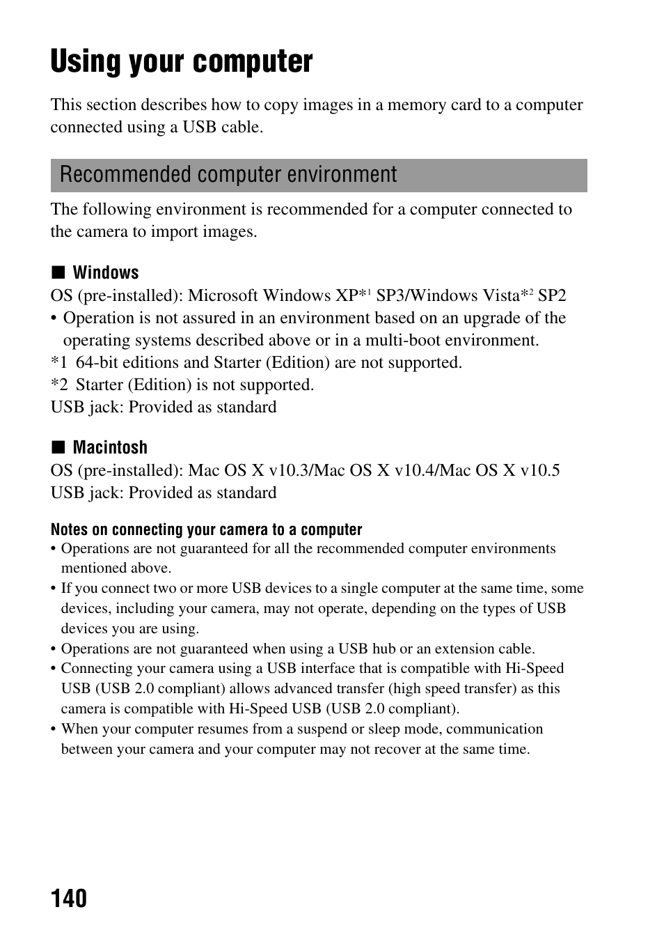 Viewing images on a computer, Using your computer, Recommended computer environment | Sony alpha DSLR-A500 User Manual | Page 140 / 178