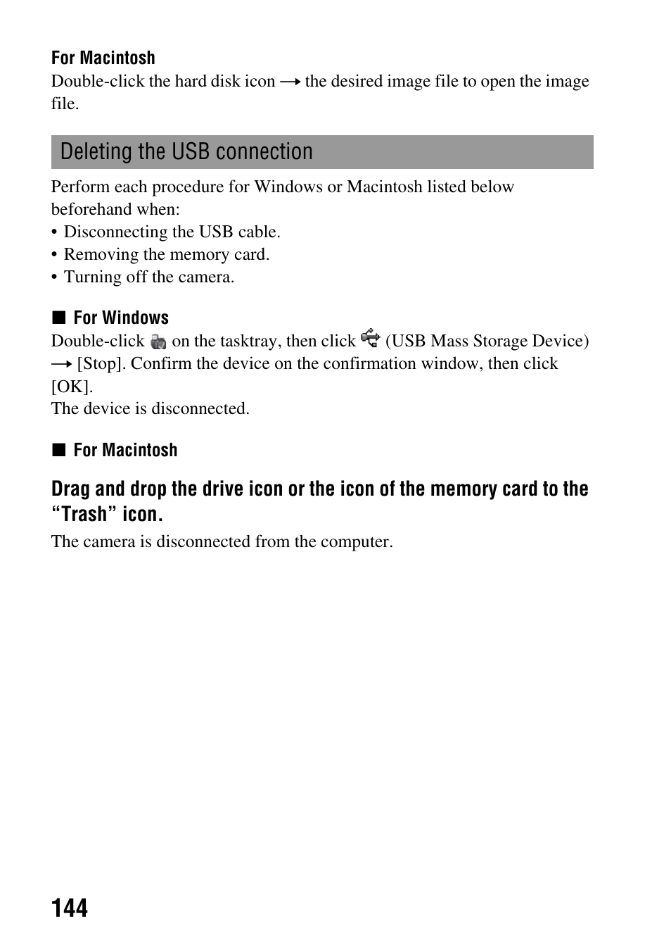 Deleting the usb connection | Sony alpha DSLR-A500 User Manual | Page 144 / 178