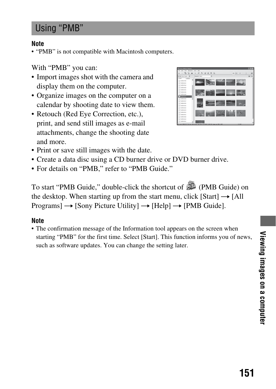 Using “pmb | Sony alpha DSLR-A500 User Manual | Page 151 / 178