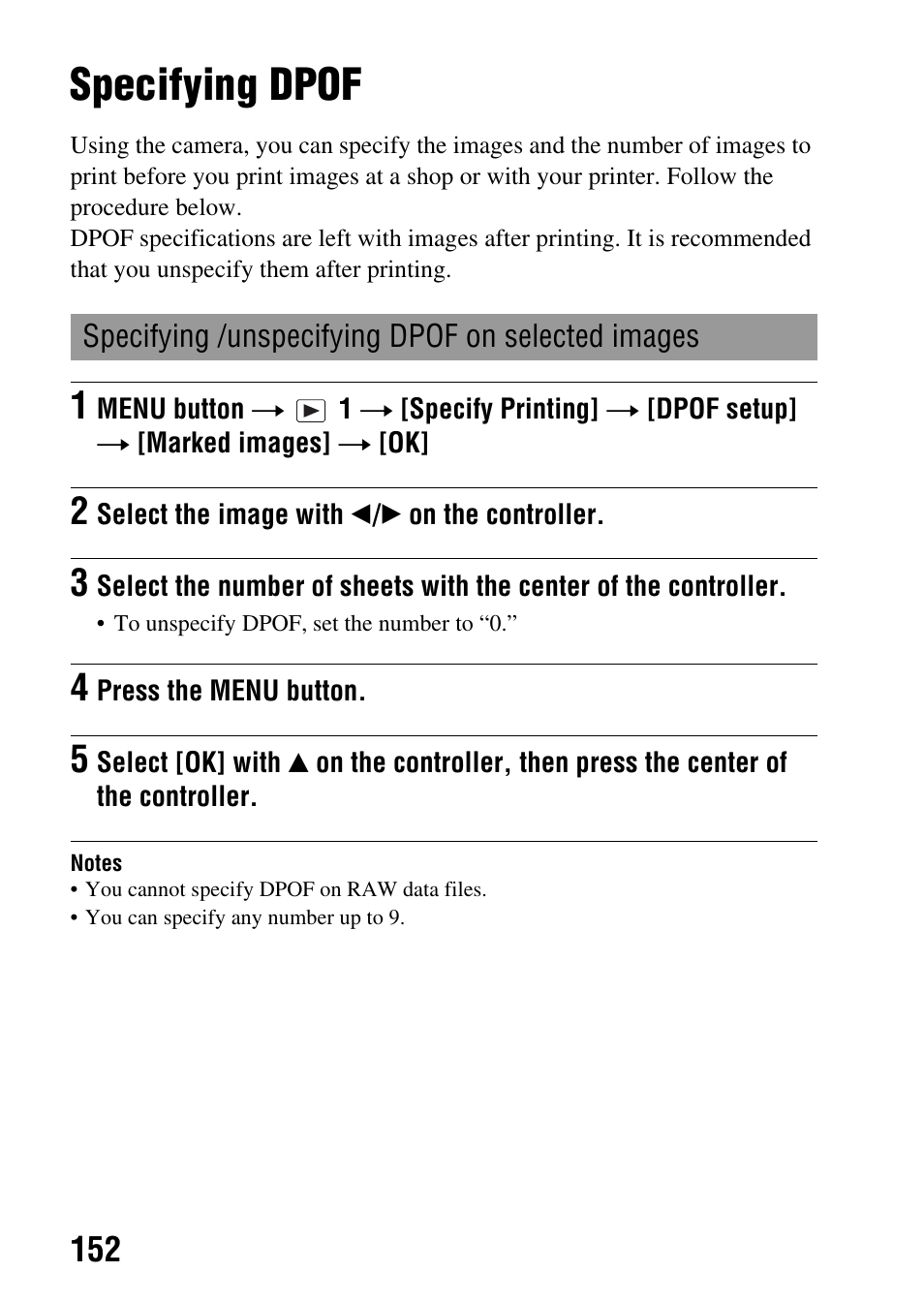 Printing images, Specifying dpof, Ng (152) | Dpof set (152) | Sony alpha DSLR-A500 User Manual | Page 152 / 178