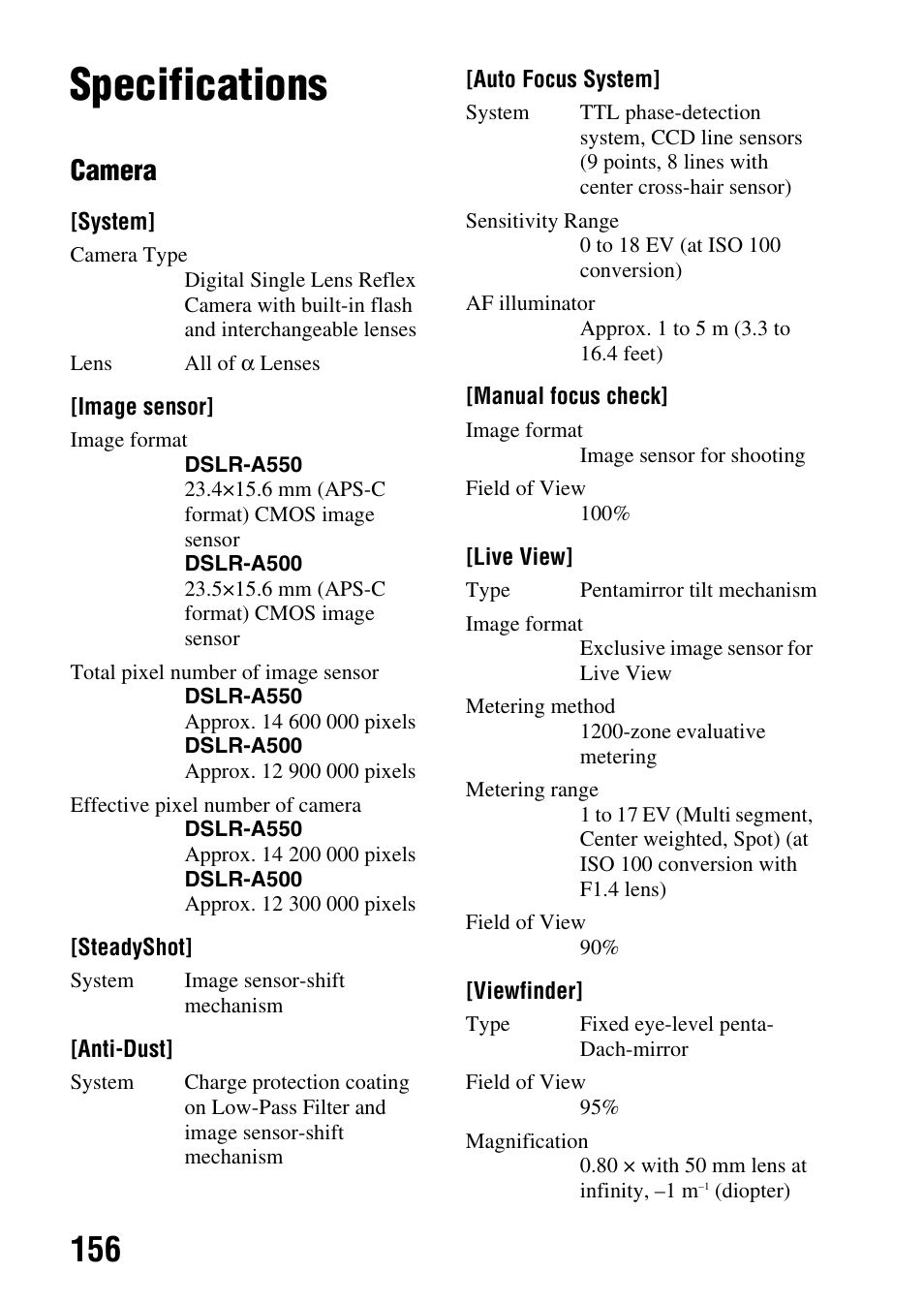 Others, Specifications, Camera | Sony alpha DSLR-A500 User Manual | Page 156 / 178