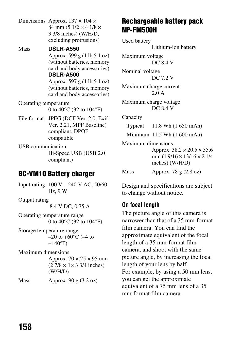 Bc-vm10 battery charger, Rechargeable battery pack np-fm500h | Sony alpha DSLR-A500 User Manual | Page 158 / 178