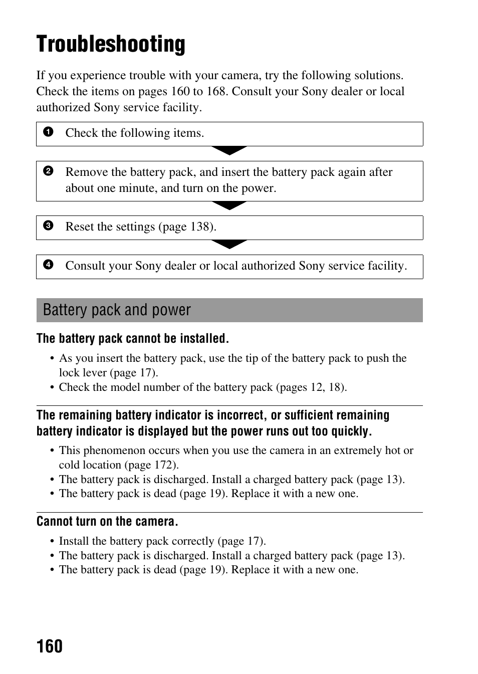 Troubleshooting, Battery pack and power | Sony alpha DSLR-A500 User Manual | Page 160 / 178