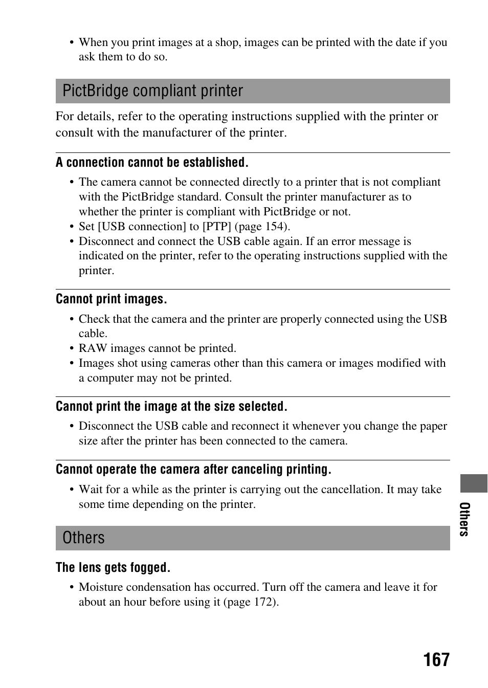 See “pictbridge compliant printer, Pictbridge compliant printer others | Sony alpha DSLR-A500 User Manual | Page 167 / 178