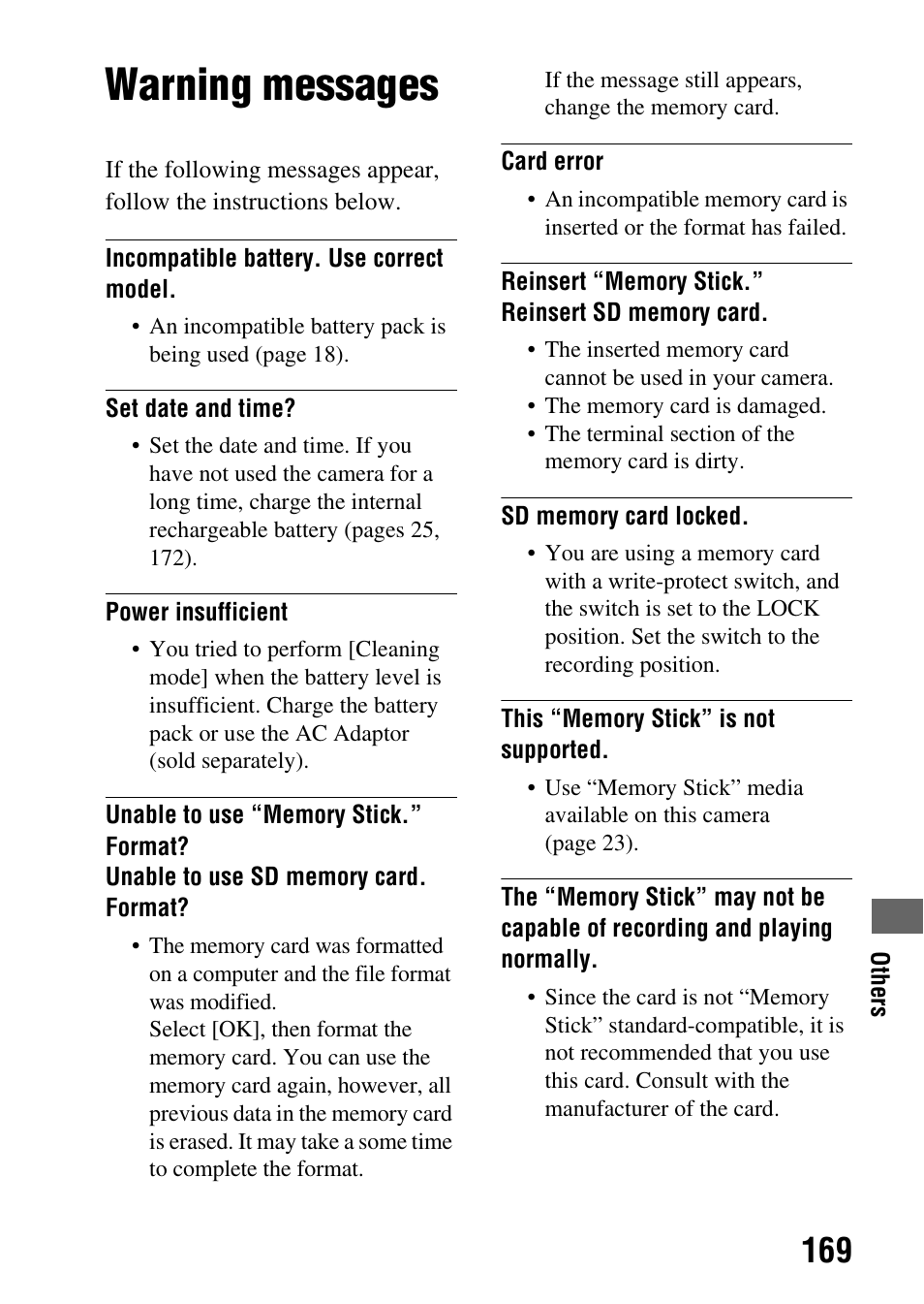 Warning messages | Sony alpha DSLR-A500 User Manual | Page 169 / 178