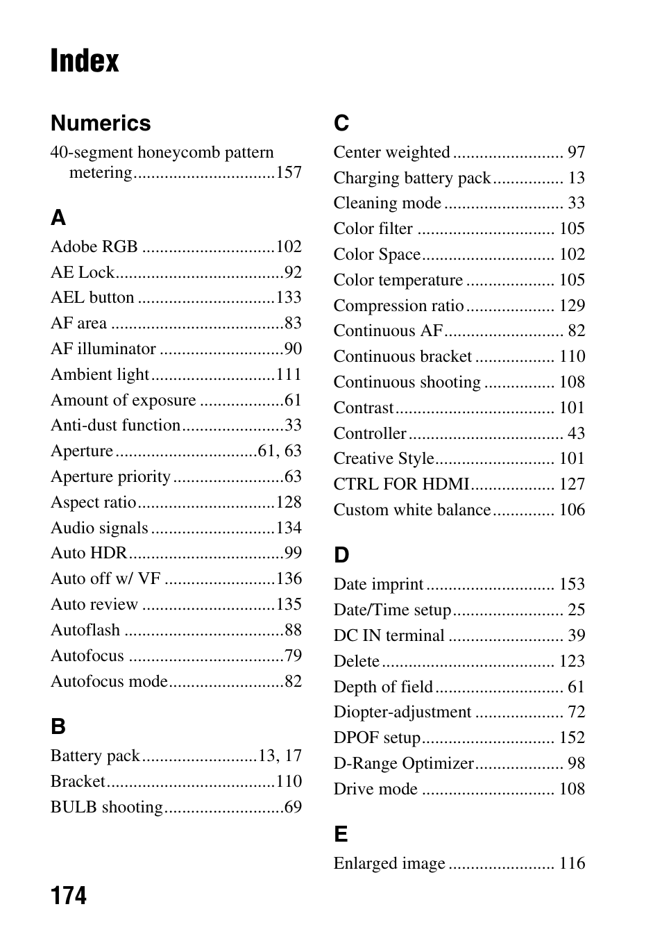 Index, Numerics | Sony alpha DSLR-A500 User Manual | Page 174 / 178