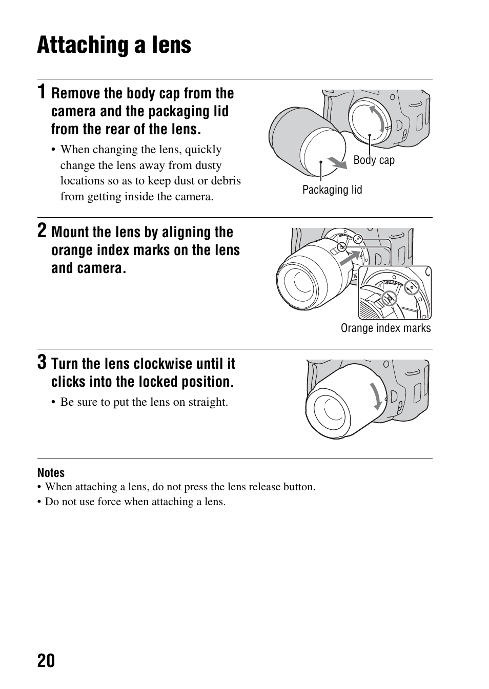 Attaching a lens | Sony alpha DSLR-A500 User Manual | Page 20 / 178