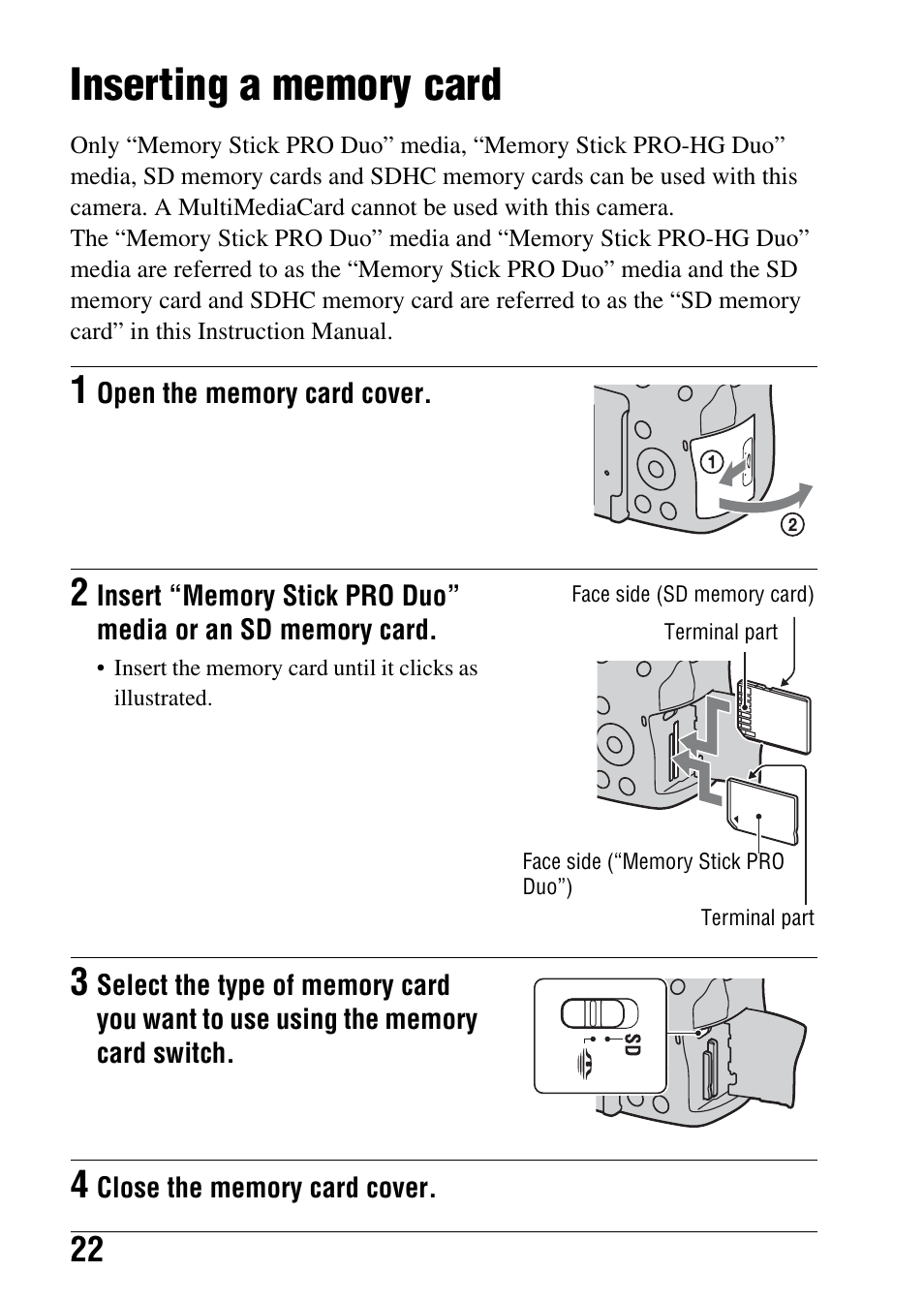 Inserting a memory card | Sony alpha DSLR-A500 User Manual | Page 22 / 178