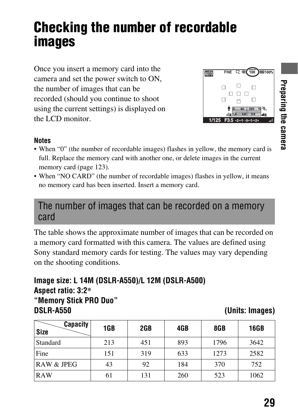 Checking the number of recordable images | Sony alpha DSLR-A500 User Manual | Page 29 / 178