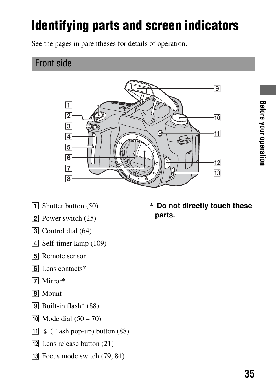 Before your operation, Identifying parts and screen indicators, Front side | Sony alpha DSLR-A500 User Manual | Page 35 / 178