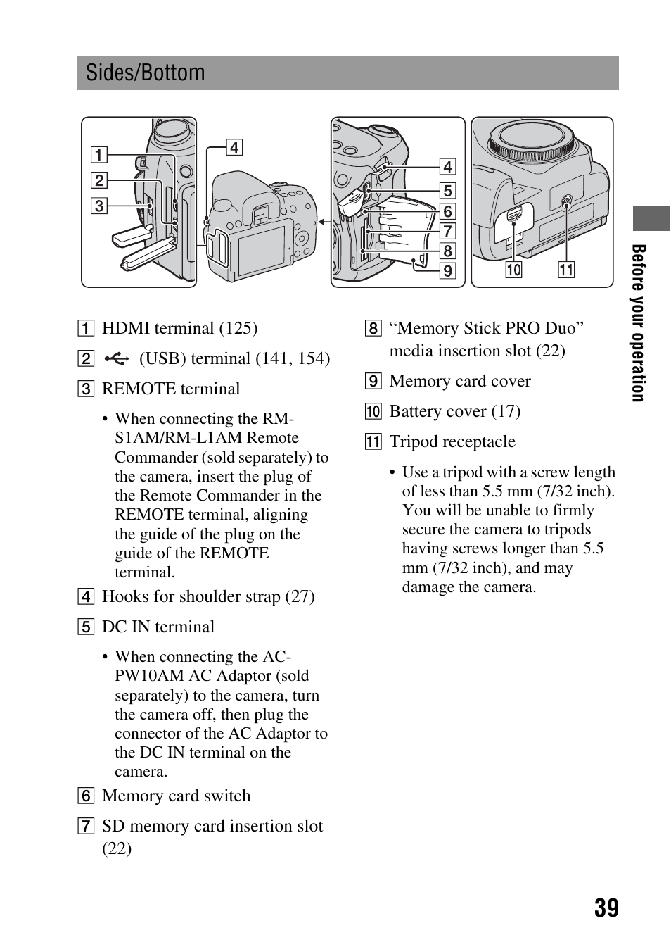 Sides/bottom | Sony alpha DSLR-A500 User Manual | Page 39 / 178