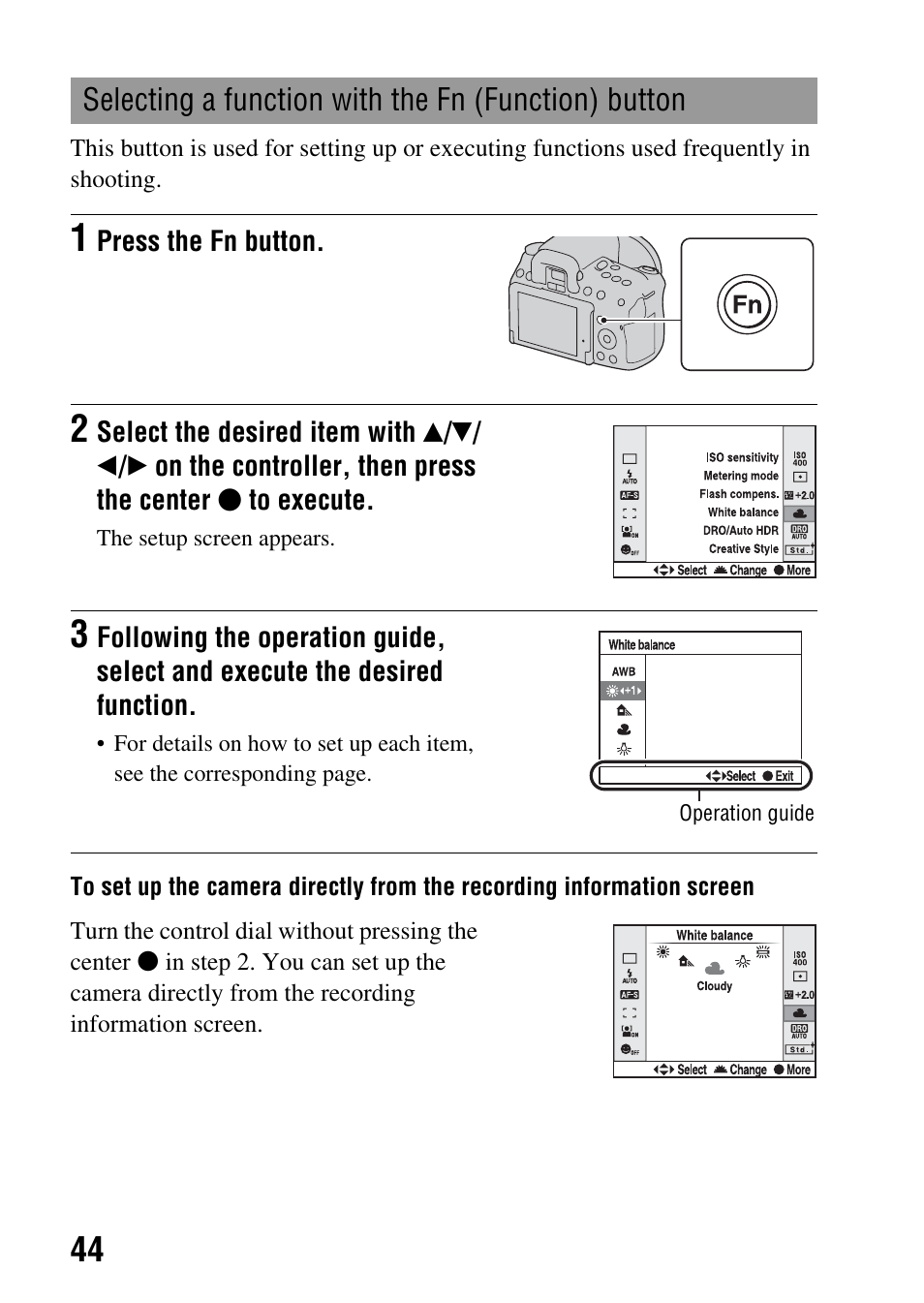 Selecting a function with the fn (function) button, N (44 | Sony alpha DSLR-A500 User Manual | Page 44 / 178