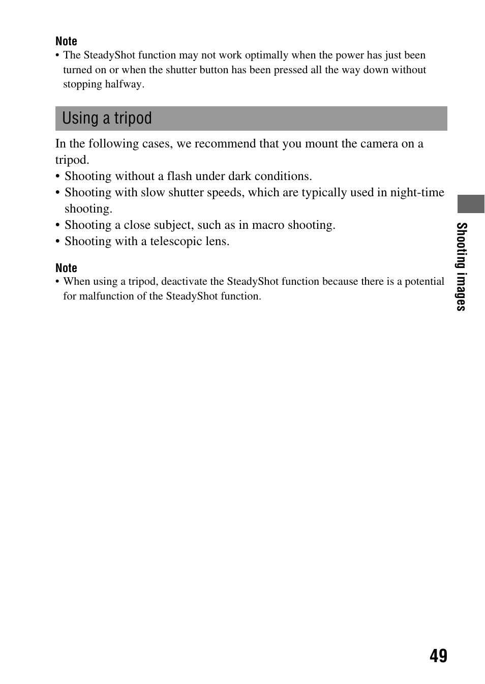 Using a tripod | Sony alpha DSLR-A500 User Manual | Page 49 / 178