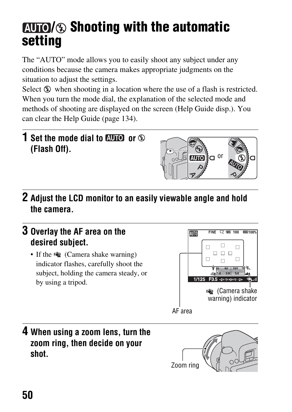 Shooting with the automatic setting, Tton (50), Dial (50 – 70 | Sony alpha DSLR-A500 User Manual | Page 50 / 178